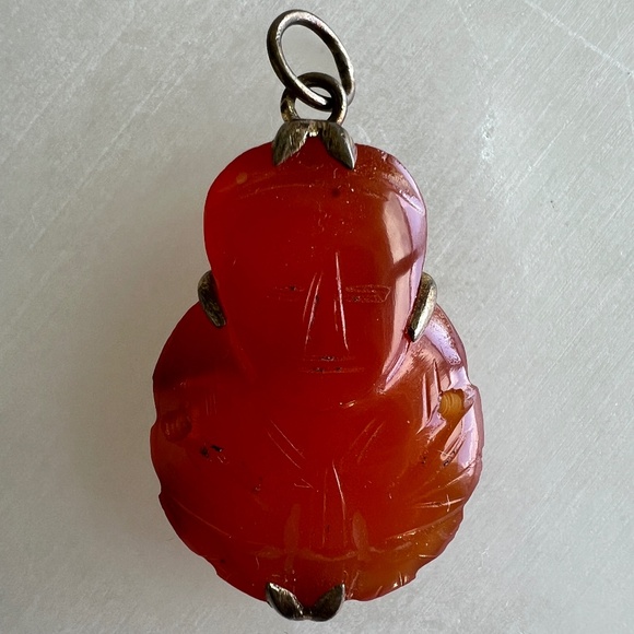 Vintage Asian Carnelian Buddha Pendant | 1930s–50s | Sterling Silver Bezel - Picture 3 of 16